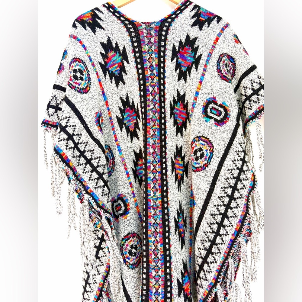 Boho Poncho Sweater with Fringe Trim – One Size